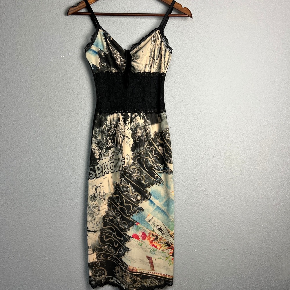 Abstract Print Midi Slip Dress with Lace Waist